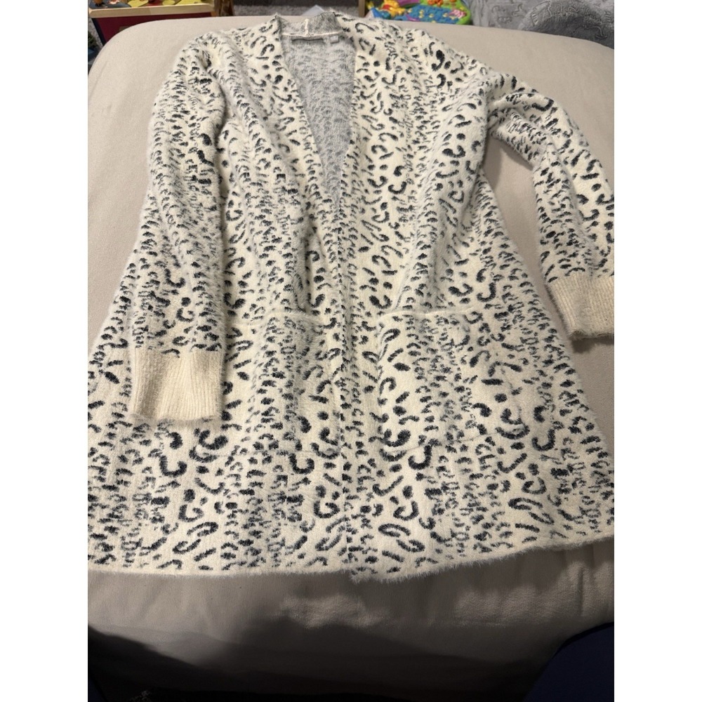 Evolution by Cyrus Womens Leopard Print Fuzzy Eyelash Open Cardigan Sweater Sz M